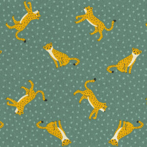 Groen gordijn met een charmante cheetah-print, perfect voor het inrichten van een moderne babykamer of kinderkamer met een flair van avontuur.